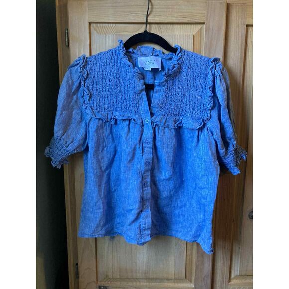The Shirt Tops - The Shirt by Rochelle Behrens | 100% Linen Smocked Ruffled Blouse | Medium